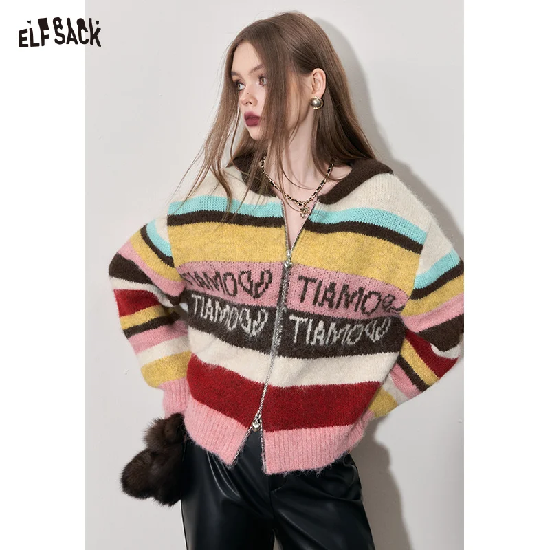 

ELFSACK Y2K 2000s Zip Up Sweaters Women 2023 Winter Retro Long Sleeve Knitwears