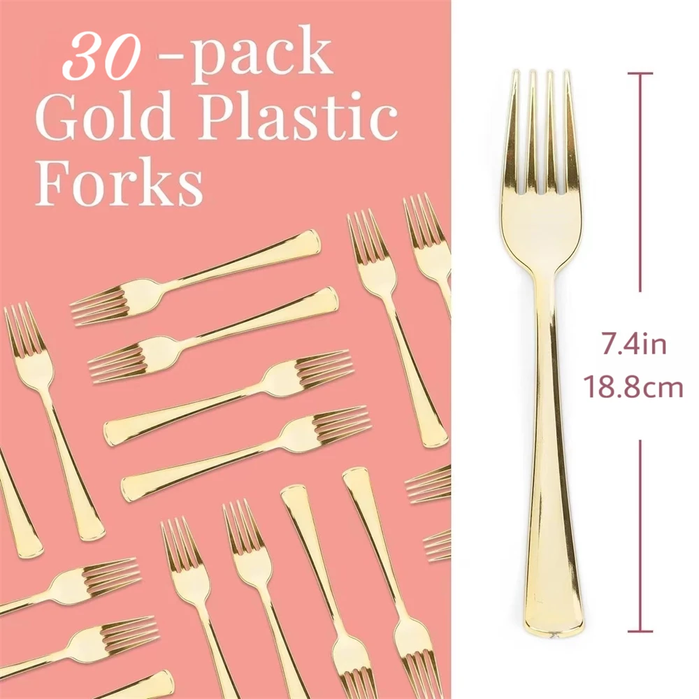 30 PCS Gold Plastic Forks-7.4 Inch Gold Forks Disposable-Plastic Silverware for Dessert Cakes Heavy Duty Cutl party disposable tableware