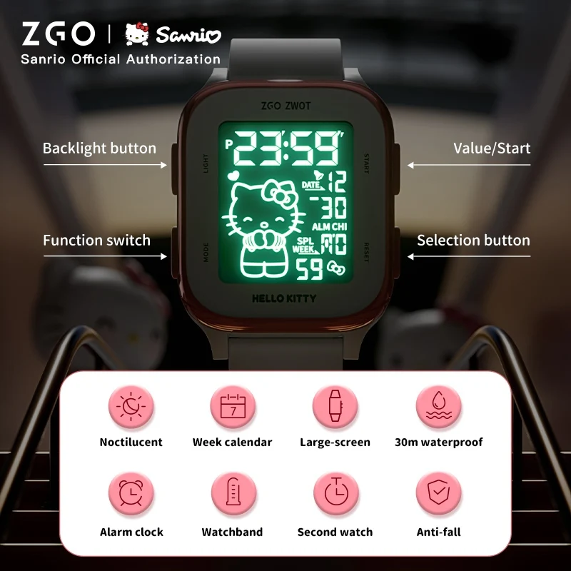 ZGO x Sanrio Hello Kitty Women's Digital Watch for Students and Girls Cinnamoroll Children's Electronic Watch Waterproof 878