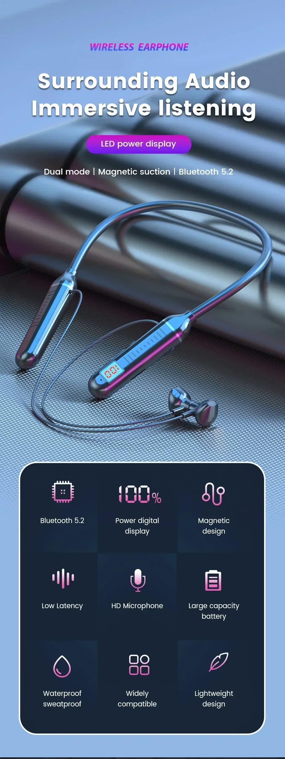Description Picture 2 of item2025 Wireless Earphones 5.3 Neckband Headphones Gaming LED Display Stereo Sports Headset Halter Waterproof Magnetic Earbuds