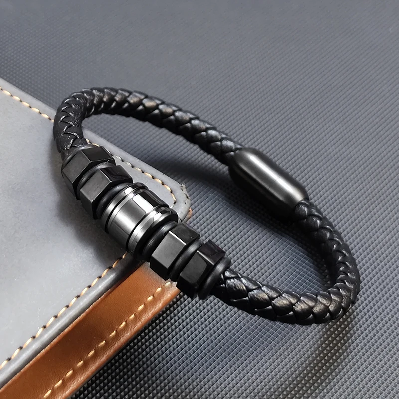 Luxus Einfachheit Edelstahl sechseckige Form Herren Leder gewebt Armband Punk-Stil Herren schmuck Geschenk Armband homme