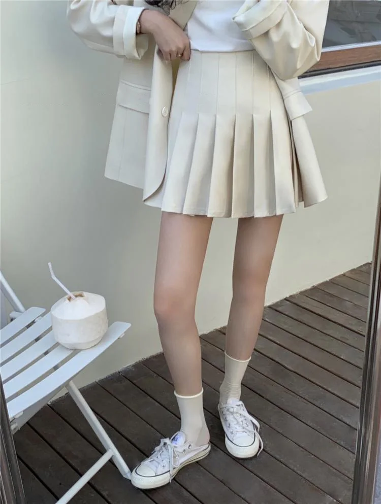 Korean Fashion Solid Two-piece Skirt Set Women Single Breasted Blazer Coat + Pleated Mini Skirt Autumn Office Lady Casual Suits
