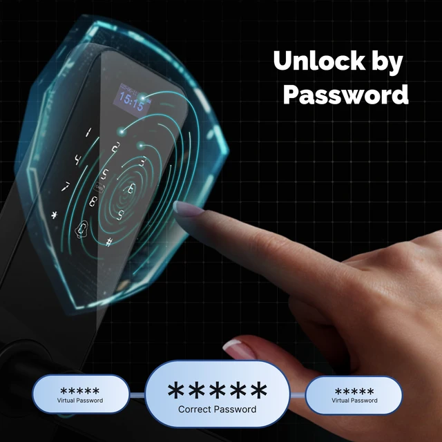 MOES Bluetooth Smart Wooden Door Lock - Fingerprint, Keycard, PIN, Remote Control, Tamper Alarm, Battery Powered, with Screen 3