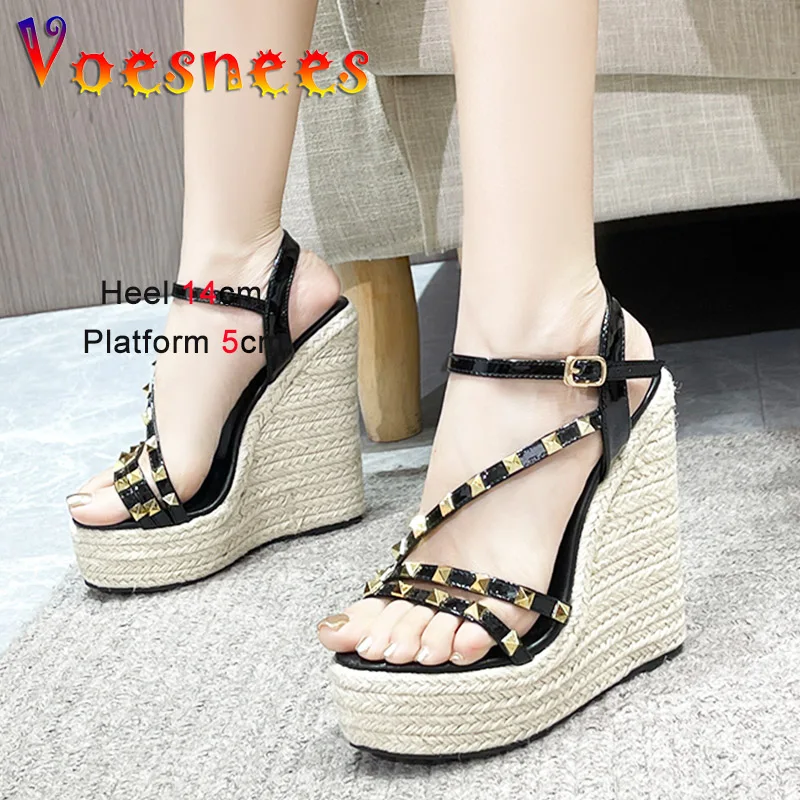 

Gladiator Straw Weave Platform Fashion Women Shoes Summer Rivet Narrow-band Sandals Casual Outdoor Slides Wedge High Heels 14CM