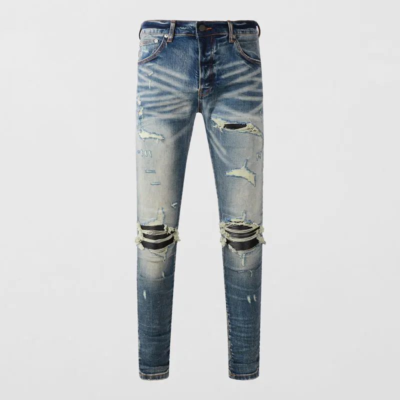 

Уличные модные мужские джинсы, винтажные синие Эластичные зауженные джинсы с разрезом и заплатками, мужские дизайнерские брендовые высококачественные брюки в стиле хип-хоп