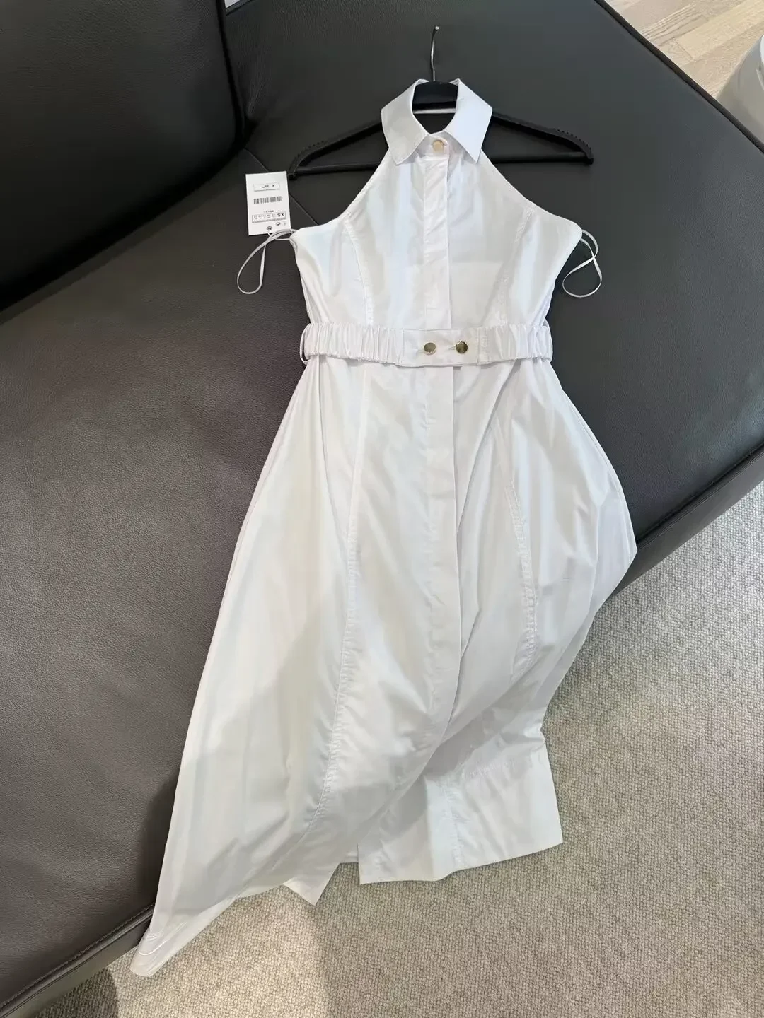 

Women's new fashion belt decoration shirt style slim fit hanging neck midi dress retro sleeveless backless women's dress Mujer