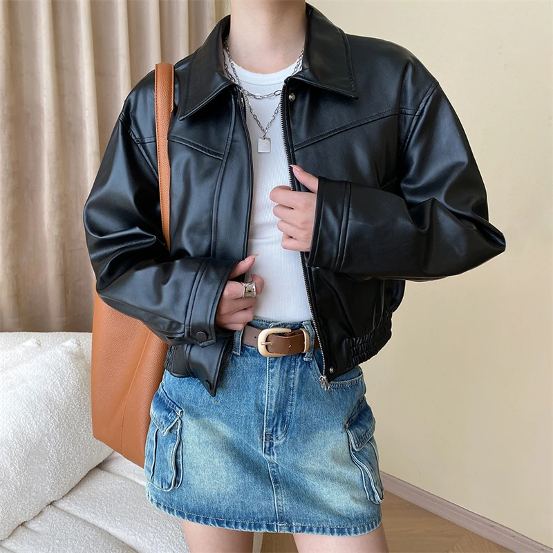 

Повседневная куртка в американском стиле на раннюю осень, кожаное пальто на молнии с отворотом, приталенная коричневая Черная куртка, Женский пригородный стиль 2023