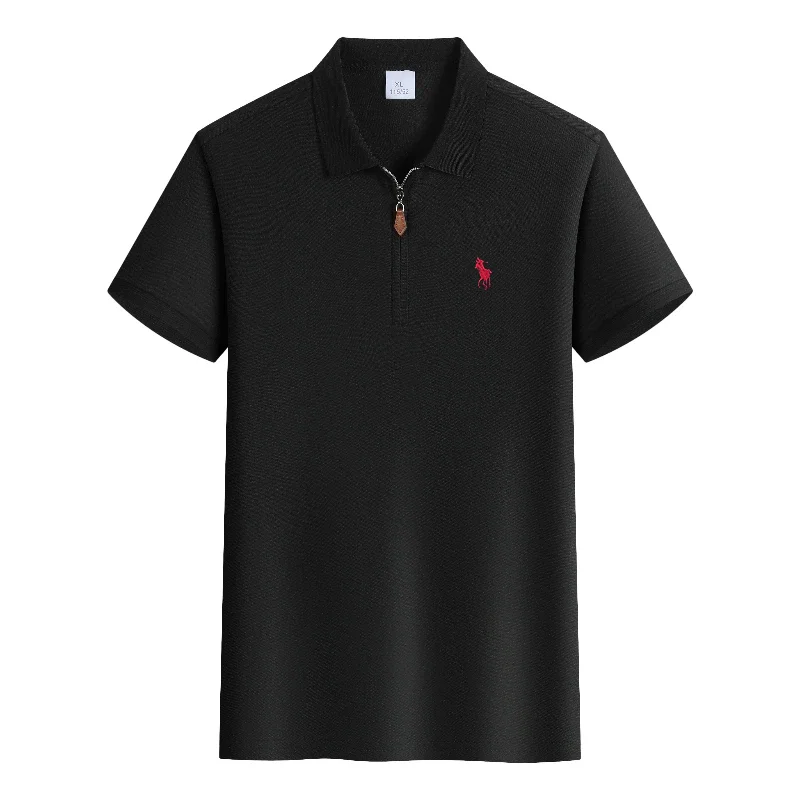Polo ricamata di lusso a maniche corte da uomo, con mezza zip, top estivo comodo e traspirante, tinta unita, casual