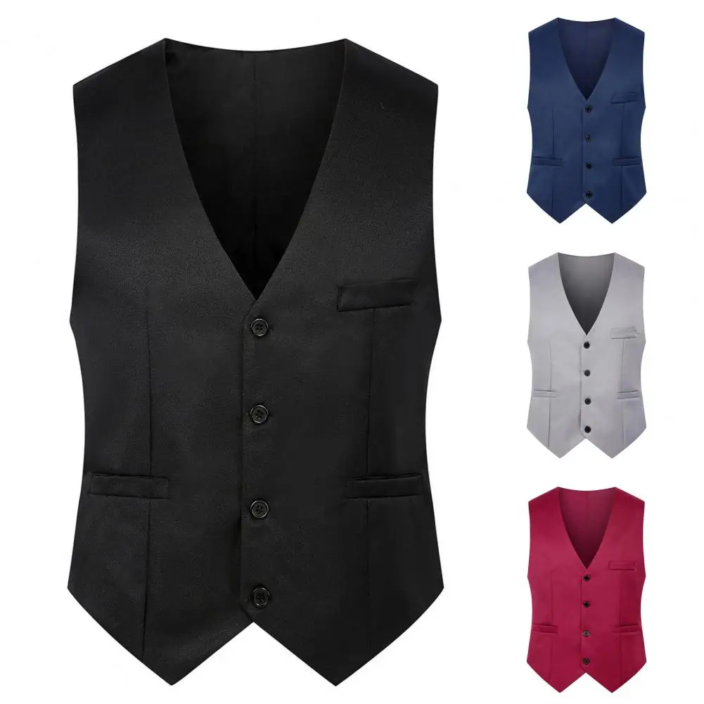 

Formal Vest Sleeveless Pockets Single-Breasted Male Suit Vest Casual Party Bar Banquet Dress Waistcoat Solid Color Suit Vest