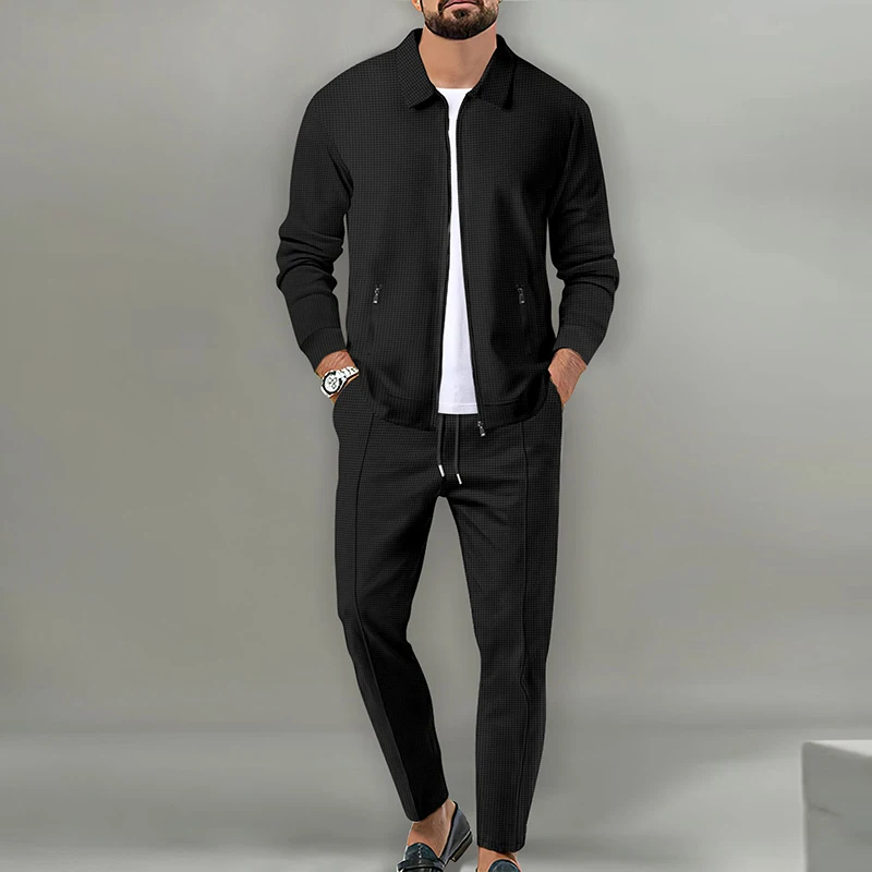 Leisure Waffle Two Piece Suits Men Casual Loose Lapel Zip-up Coats And Pants Sets For Mens Clothing Autumn Fashion Outfits Male