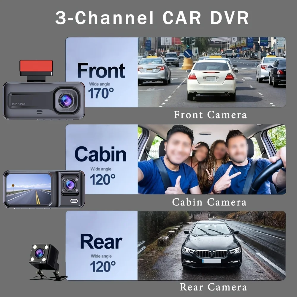 Cámara de salpicadero de 3 canales para coche, caja negra, grabadora de vídeo 1080P, cámara de visión trasera para vehículo, DVR, accesorios para coche