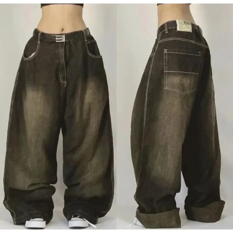 American Fashion Trend Multi Pocket Jeans Women Y2K New Street Hip Hop Casual Loose Straight Wide Leg Pants Couple Joker Trouser
