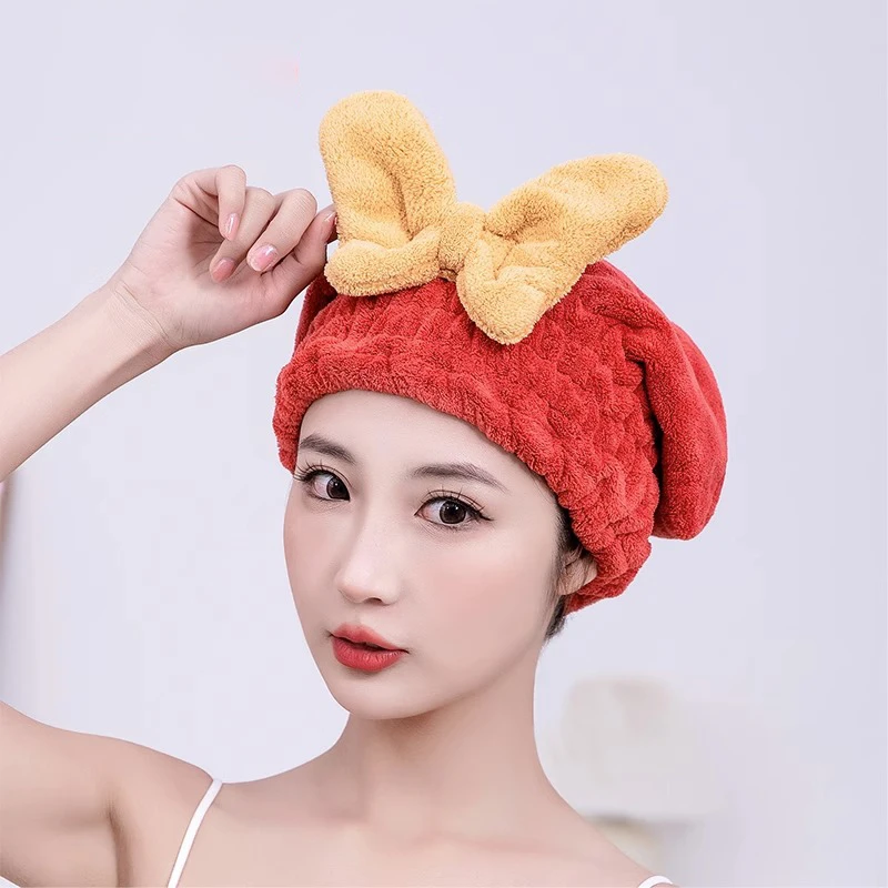 

Fashion Coral Velvet Super Absorbent Cute Bow Dry Hair Cap Shower Cap Water Fast Drying Women's Shower Headband Hair Wiping Tool