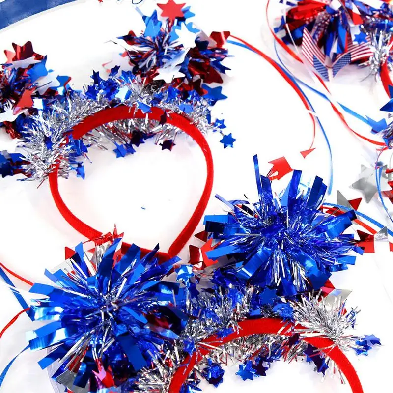 4th Of July Headband 6X Patriotic Hair Accessories With Red White Tassels Sphere Design Hair Decoration Costume Headwear For