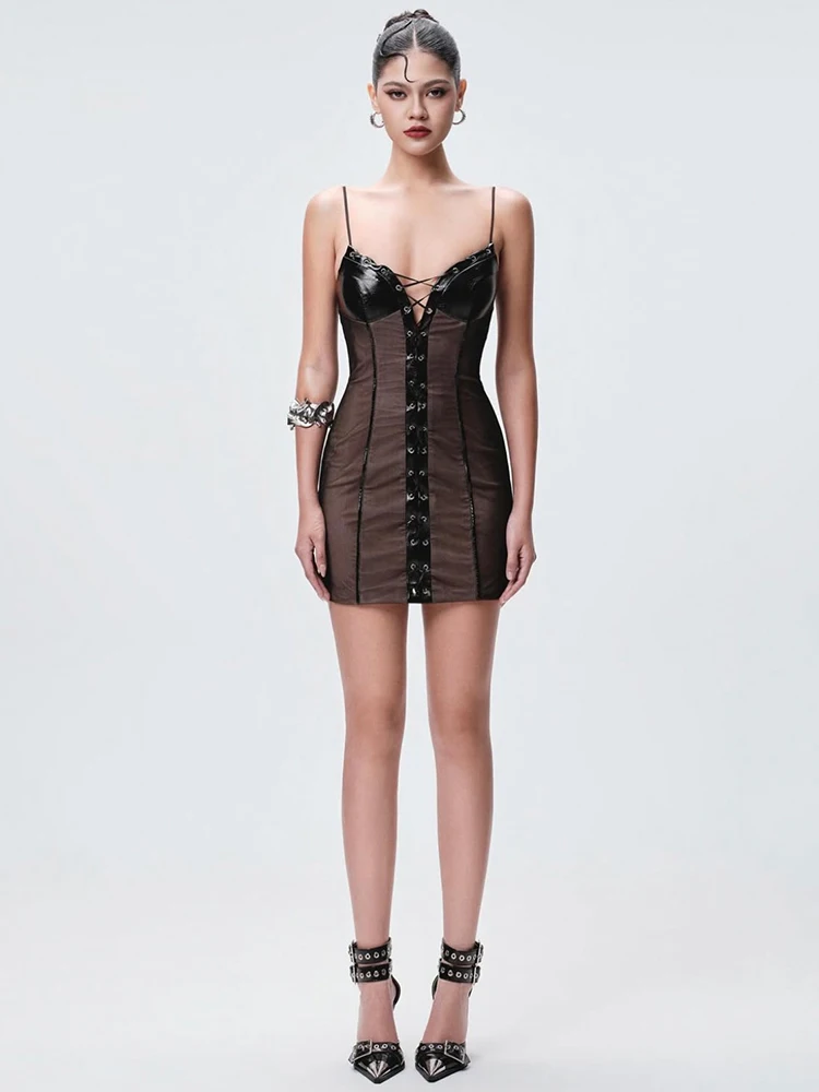 Nibber Cross Bandage Dress Women Low-Neck Patchwork Faux Leather Skinny Sexy Midnight Hottie Fashion Coquett Wild Mini Bodycon