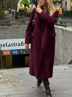 HH femmes mode bordeaux manteau Double boutonnage à manches longues revers mélanges veste automne hiver haute rue vêtements d'extérieur 2