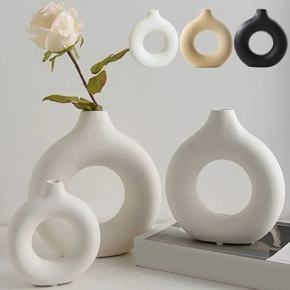 Florero de cerámica con forma de dona, estilo nórdico blanco