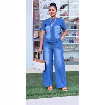 Women Pant Set Two Piece Sets Denim Round Neck Short Sleeve Tops Casual Loose Wide Leg Long Pants High Waist Y2k Streetwear 1