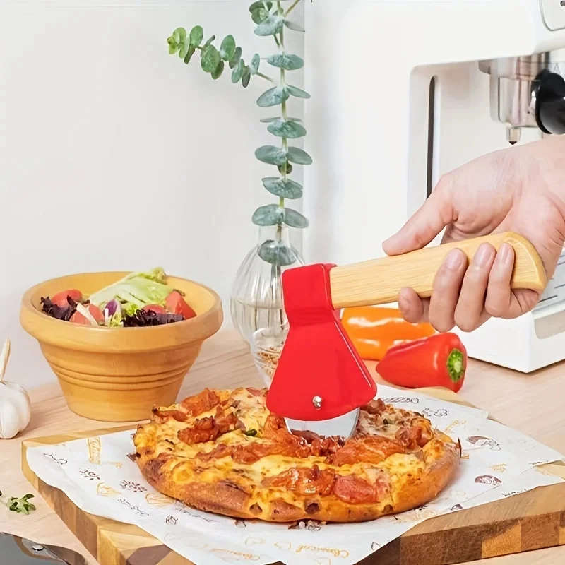 1pc Stainless Steel Roller Pizza Cutting Creative Wooden Handle Axe Knife Circular Middle Handle, pizza cutter,roller cutter,pizza knife,pizza roller