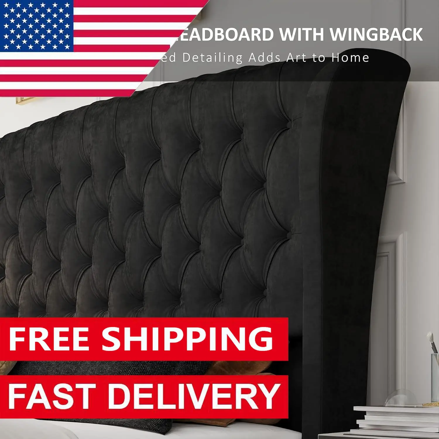 Queen Size Platform Bed Frame, Velvet Upholstered Sleigh Bed with Scroll Wingback Headboard Footboard/Button Tufted/No Box 4