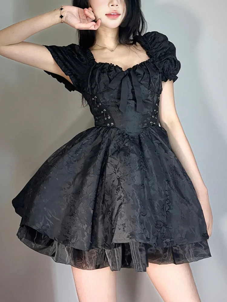 

2024 Summer Black Gothic Mini Dress Women Short Sleeve Even Party Dress Female Casual Bodycon Lace Beach Sundress Female Chic