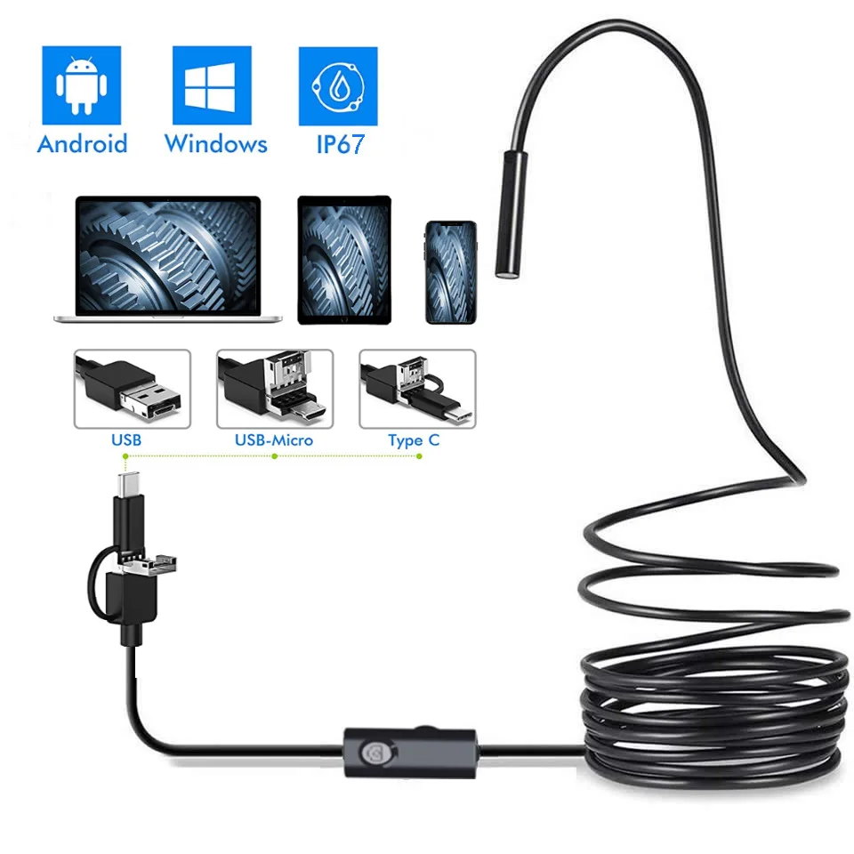 안드로이드 및 컴퓨터용 7MM 3in1 USB 내시경 카메라 방수 IP66 CMOS 내시경 검사 디지털 현미경 검이경