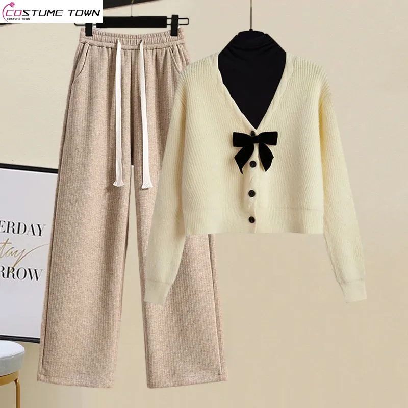 Large Women's Autumn and Winter Set 2023 New Age Reducing Knitted Sweater Underlay Wide Leg Pants Three Piece Set