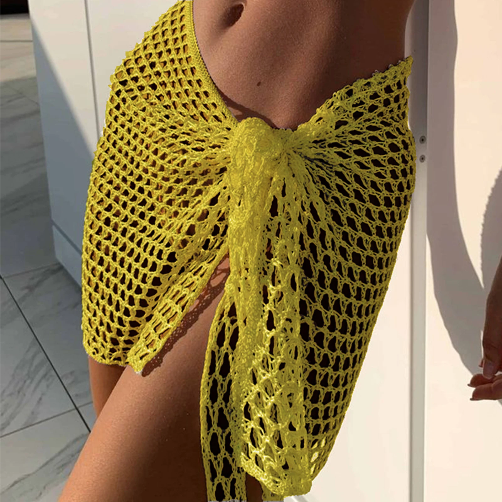 Women Beach Skirt Cover-up Skirt Hollowed Summer Mini Knitted Vacation Cover Ups for Bikini Wrap Sheer Swimwear Coverups
