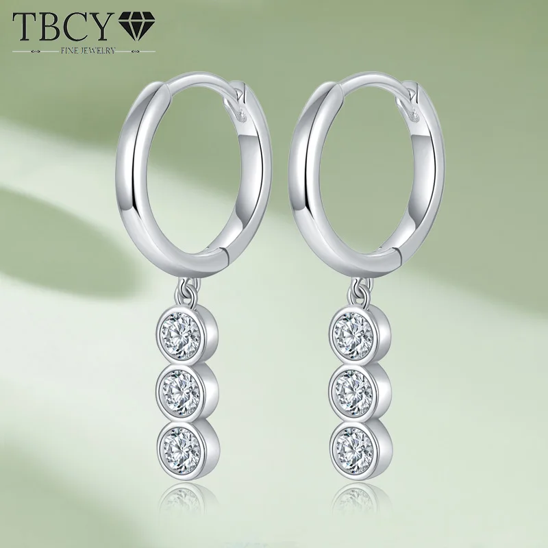 

TBCYD 4mm 3 Stones Moissanite Dangle Huggie Earring For Women 925 Sterling Silver Round Cut Diamond Bubble Drop Earring Jewelry