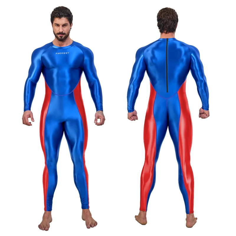 AMORESY Sexy men's gloss sports tights Shiny Bodysuit Cosplay Catsuit Jumpsuits Stretch Bodystocking Zentai Suit yoga clothes