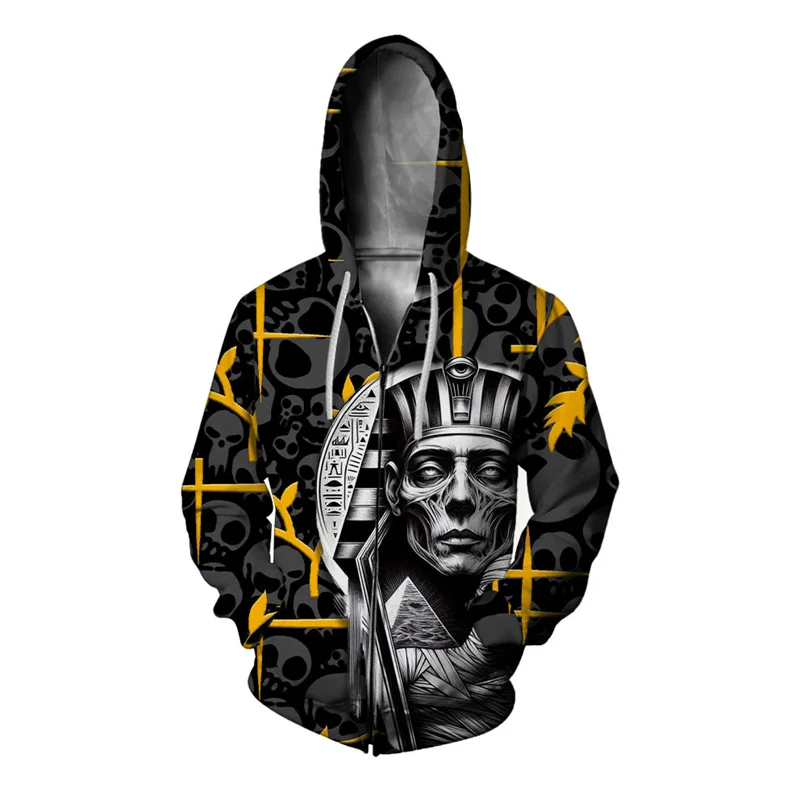 thumbnail image 1 of Sudadera con capucha y cremallera con estampado de flores de faraón para hombre, sudadera con estampado 3D de esqueleto de la muerte, sudaderas holgadas e informales, sudaderas con capucha de manga la, 1 of 4