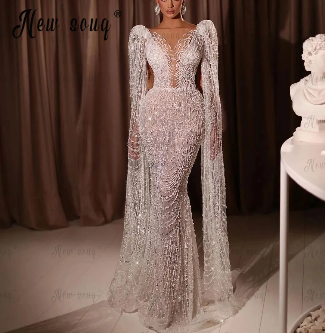 

Роскошное длинное вечернее платье с жемчужинами, с рукавом-накидкой и бусинами, с глубоким V-образным вырезом, платье русалки, свадебное платье Дубая для особых случаев
