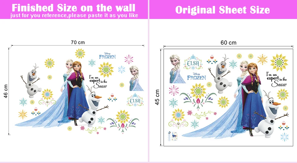 Erinevad 'Frozen' seinakleepsud featuring Elsa, Anna, ja Olaf, samuti mitmesugused värvilised lumehelbekujulised kaunistused valgel taustal. Kleepsude suurus varieerub vastavalt paigutusele seinal ja originaallehe mõõtmetele.