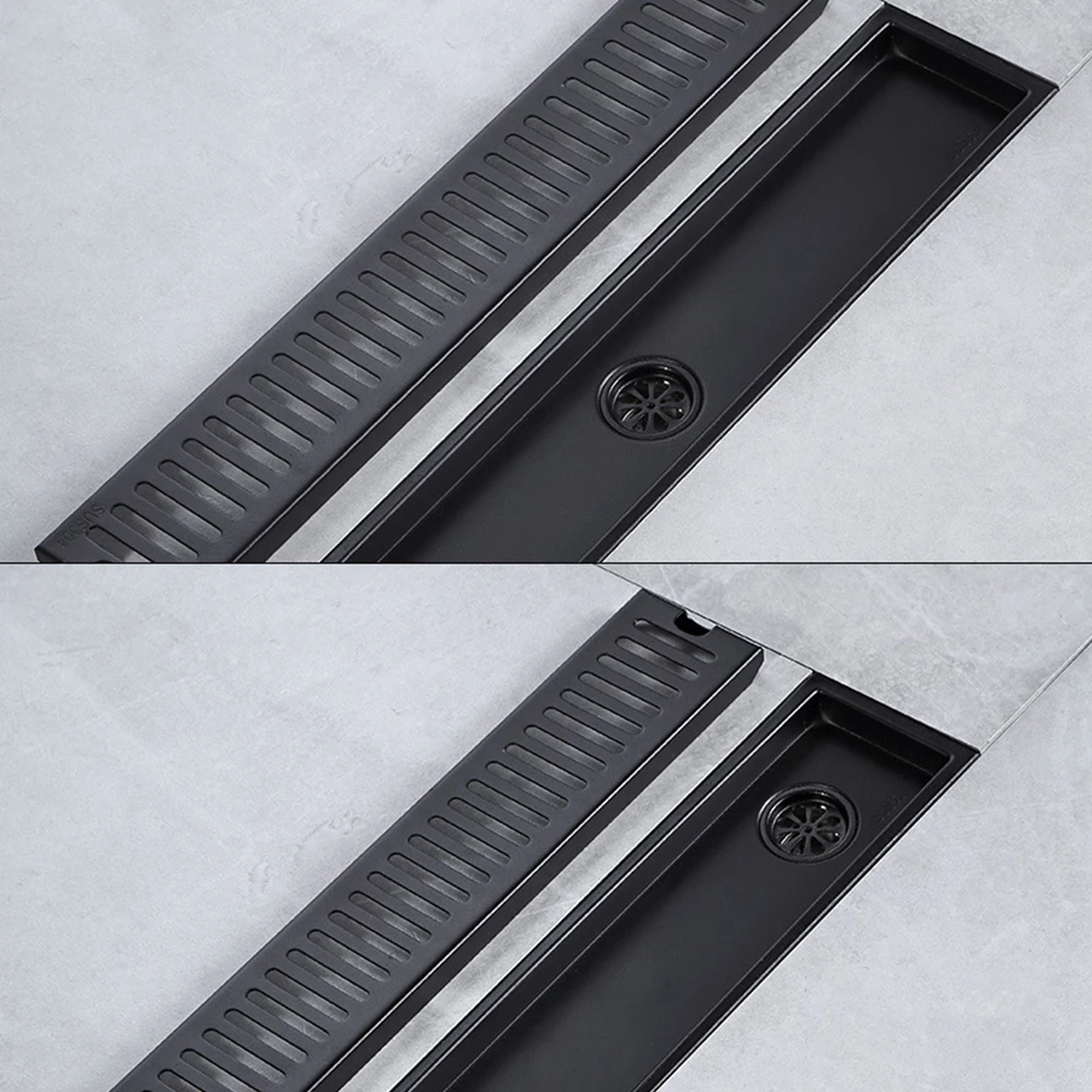 Description Picture 5 of item20-100cm Black Side Outlet Shower Drain Stainless Steel Bathroom Floor Drainage Linear Waste Drain Cover Roof Kitchen Accessory