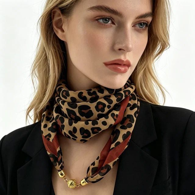 Écharpe à boucle magnétique imprimée léopard, écharpe carrée fine en mousseline de 60 cm, écharpe décorative à fixation rapide et facile à porter 4 Écharpe à boucle magnétique imprimée léopard, écharpe carrée fine en mousseline de 60 cm, écharpe décorative à fixation rapide et facile à porter 4