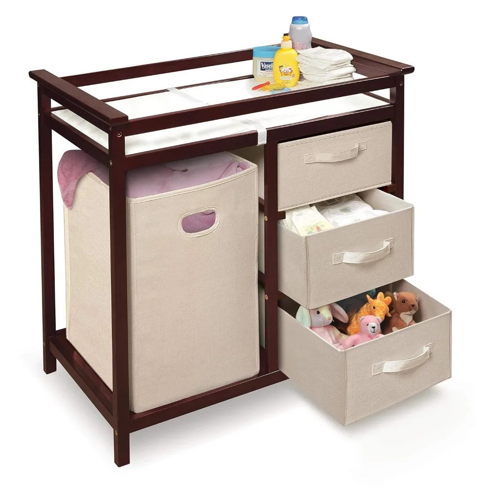 Modern Baby Changing Table with Laundry Hamper, 3 Storage Drawers and Pad, Diaper Change Station-Cherry/Ecru