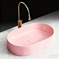 อ่างล้างหน้าเซรามิกทันสมัย สีชมพู อ่างล้างหน้าแบบตั้งบนเคาน์เตอร์ พร้อมอุปกรณ์ระบายน้ำ 1