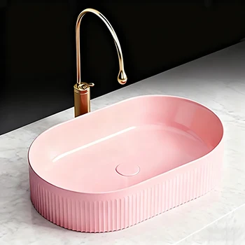 อ่างล้างหน้าเซรามิกทันสมัย สีชมพู อ่างล้างหน้าแบบตั้งบนเคาน์เตอร์ พร้อมอุปกรณ์ระบายน้ำ 1