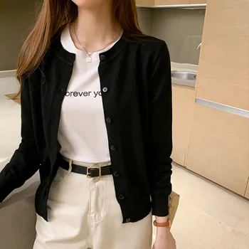 Rimocy Knitted Cardigan Jacket Women 2025 Spring Autumn Round Neck Casual Cardigans Woman Solid Color Slim Korean Jumpers Female 1