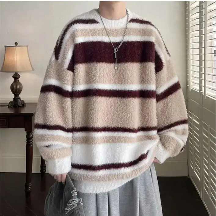 Autumn Winter Striped Soft Sticky Casual Men's Loose Pullover Sweater T Shirt Long Sleeve Top