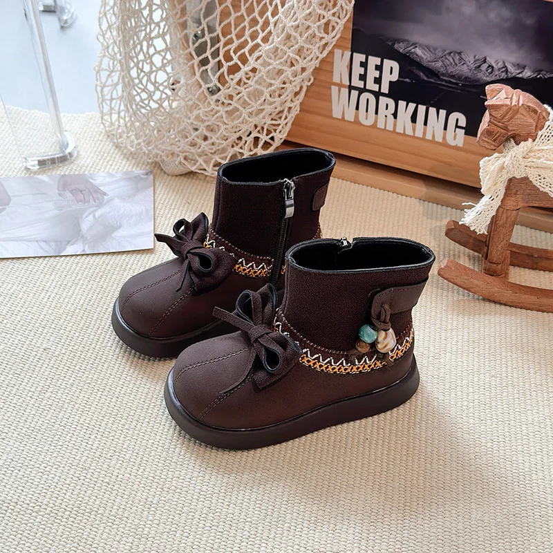 Girls Short Boots Ethnic Style Kids Leather Boots with Simple Bows 2025 Autumn Winter Children Princess Boots Side Zipper Sweet