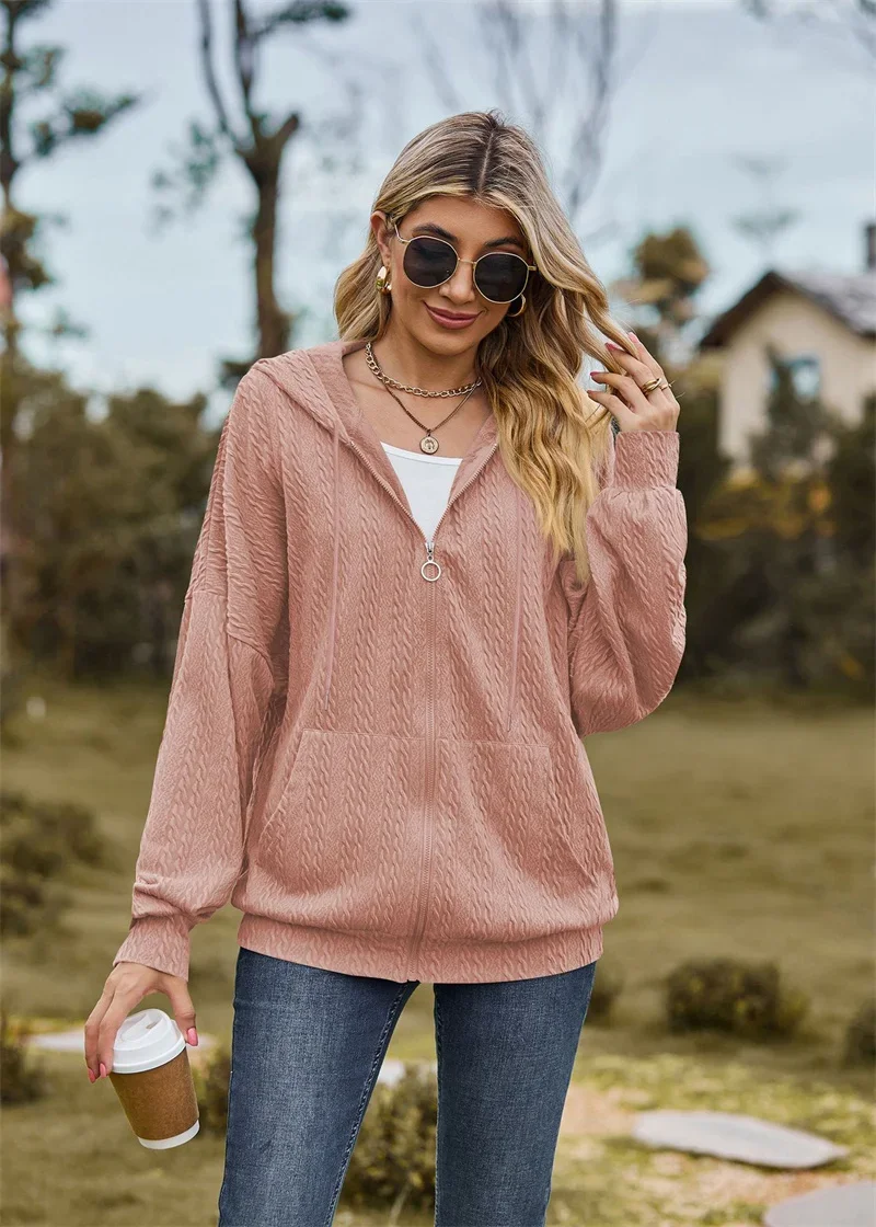 Sweet Style Women Zipper Cardigan Hoodie Long Sleeve Double Pockets Splicing Hem Hooded Sweatshirt Female Loose Casual Outerwear