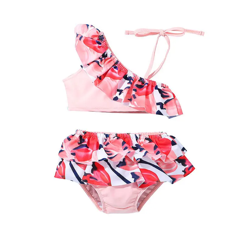 

2-6 Years Kids Girls Swimwear Swimsuit 2022 Children Falbala Bikinis Set Halter Print Kid Girl Biquini Infantil Bathing Suit