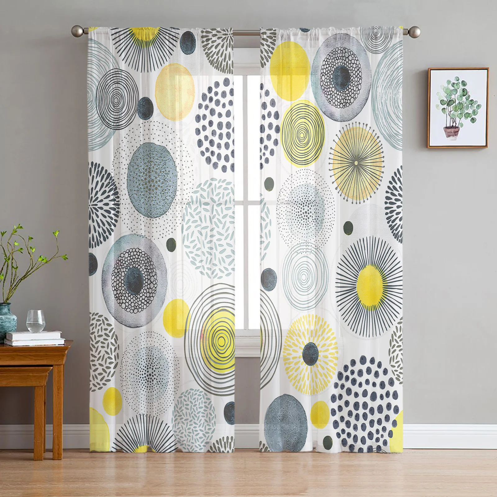 

Geometric Texture Circle Center Yellow Tulle Curtains for Living Room Sheer Curtain for Bedroom Kitchen Blinds Voile Curtains
