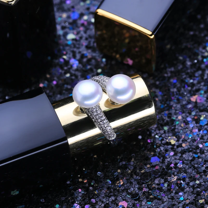 Natural Freshwater Double Pearl Rings For Women Zircon 925 Sterling Silver Jewelry Adjustable Wedding Engagement Ring FENASY silver ring wedding rings silver rings gemstone ring
