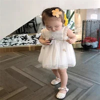 Baby Yarn Dress 2024 Summer New Western Style Summer Dress Girl's Fluffy Yarn Mesh One Year Princess Dress 3