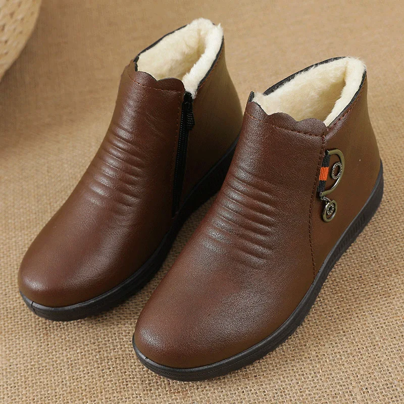 Winter Women Pu Leather Flat Casual Ankle Boots  Women Warm Fur Ankle Boots Mother Slip On Winter Shoes