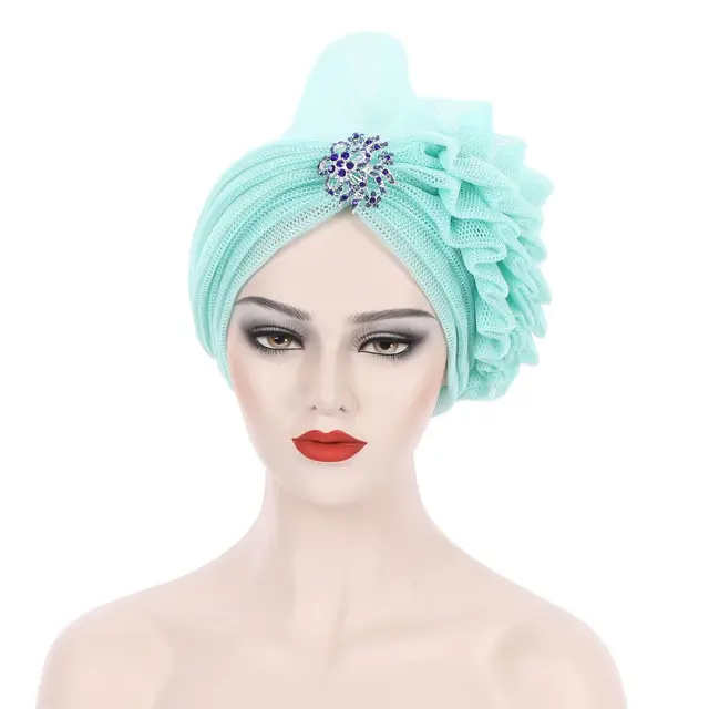 Breathable Auto Gele Headgear Turbans Laminated Fashion African Multicolor Headscarf Muslim Hat for Women Aso Oke Already Made Cyan-blue