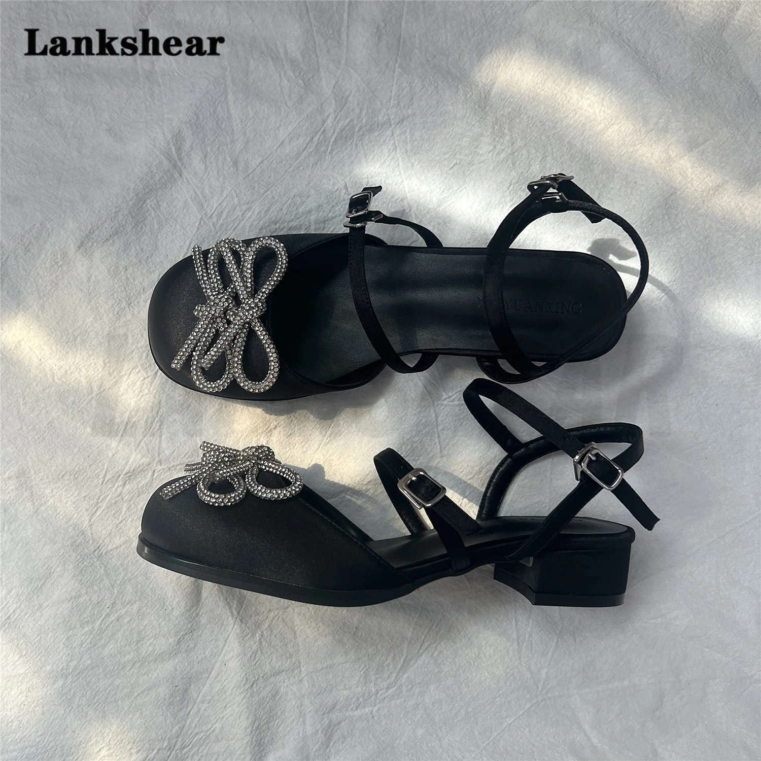 

Rhinestone Bow Buckle Champagne Black Sandals Mid-Heel Shoes Baotou Single Shoes Women's Summer Mary Jane Shoes Ladies Pumps