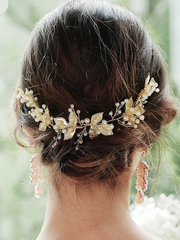 Trendy Pearl Bridal Hair Comb Headband Handmade Leaves Wedding Hair Accessories Gold Party Girls Headpiece Bride Tiara for Women